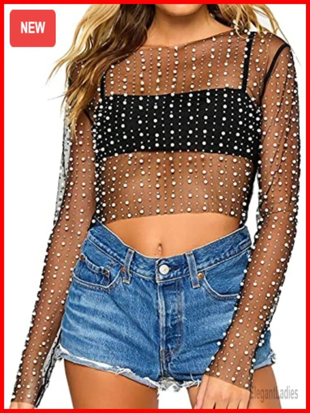 Pearl Rhinestone See Through Mesh Long Sleeve Crop Top Cover Up